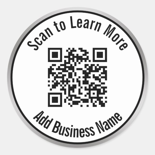 Scan QR Code to Learn More Business Name Silver Classic Round Sticker (Front)