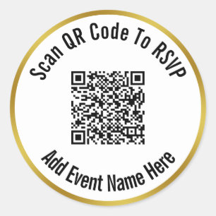 Scan QR Code To RSVP Black White & Gold Template Classic Round Sticker
