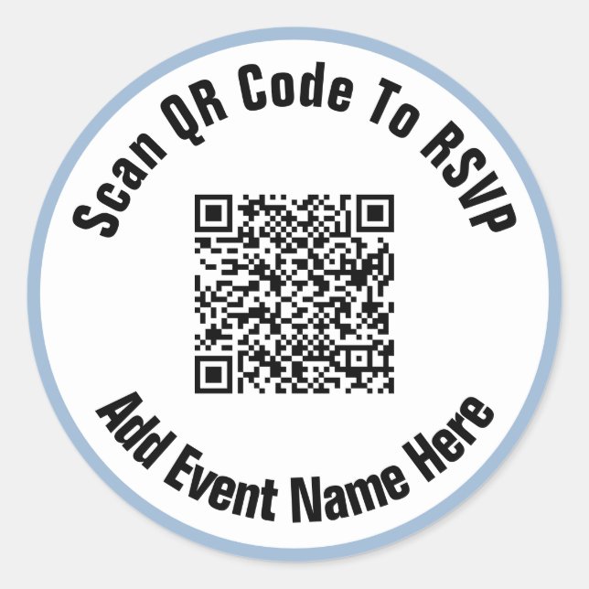 Scan QR Code To RSVP Event Black White Baby Blue Classic Round Sticker (Front)