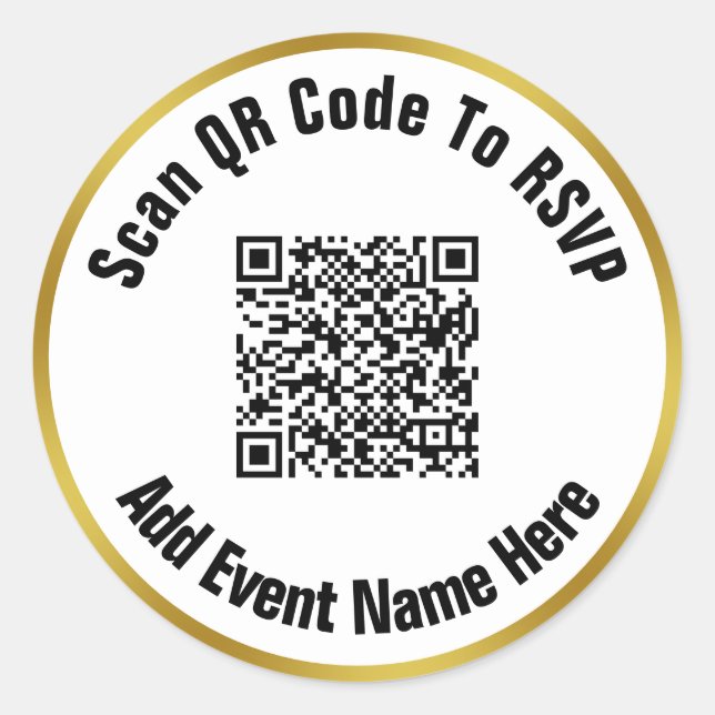 Scan QR Code To RSVP Event Name Black White Gold Classic Round Sticker (Front)