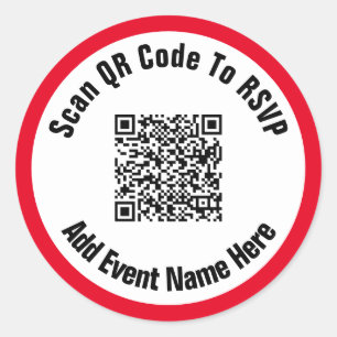 Scan QR Code To RSVP Event Name Black White Red Classic Round Sticker