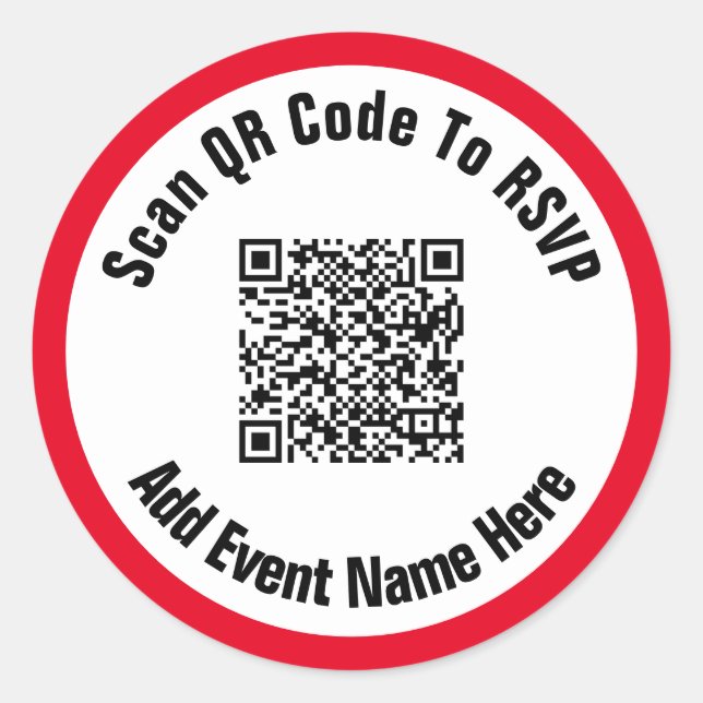 Scan QR Code To RSVP Event Name Black White Red Classic Round Sticker (Front)