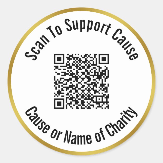 Scan QR Code To Support Cause Charity White & Gold Classic Round Sticker (Front)