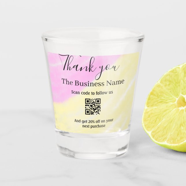 Scan QR to follow us thank you discount code pink  Shot Glass (Front)