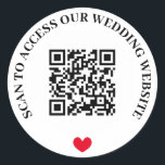 Scan To Access Wedding Website Red Heart QR Code Classic Round Sticker<br><div class="desc">Wedding website QR code sticker in black and white with curved text and a red heart. Cute black and white wedding QR code sticker.</div>