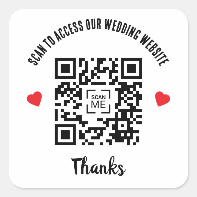 Scan To Access Wedding Website Red Heart QR Code Square Sticker (Front)