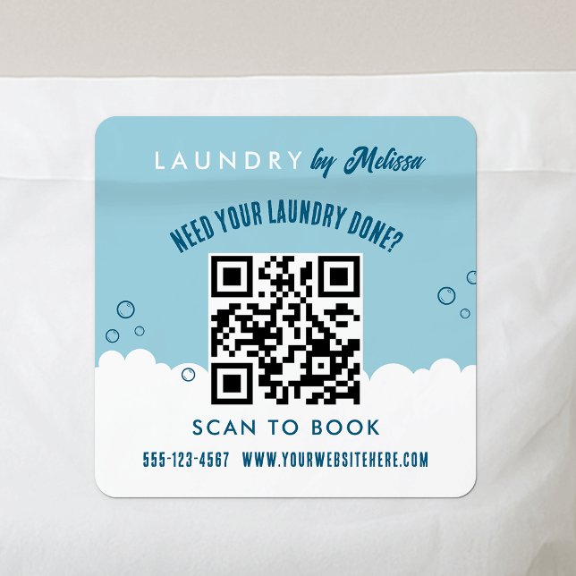 Scan To Book Laundry Service Blue & White QR Code Square Sticker (Modern laundry service marketing stickers with scannable QR code)