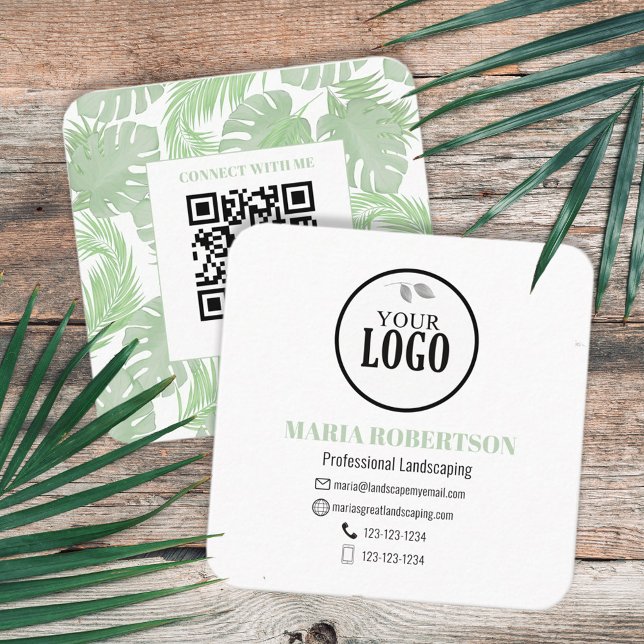 Scan to Connect | QR Code Company Logo Palm Leaves Square Business Card (Creator Uploaded)
