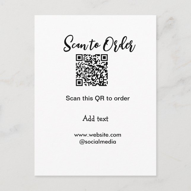 Scan to order scan QR code add website email  Postcard (Front)