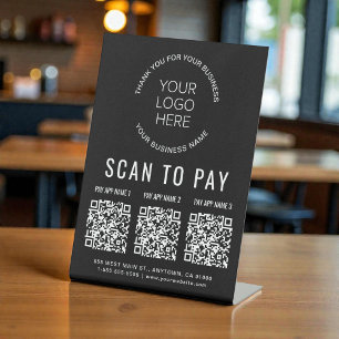 Scan to Pay 3 QR Codes Business Logo Black Pedestal Sign