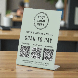 Scan to Pay 3 QR Codes Business Logo Sage Green Pedestal Sign