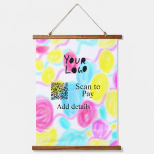 Scan to pay add Q R business logo rainbow watercol Hanging Tapestry