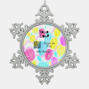 Scan to pay add Q R business logo rainbow watercol Snowflake Pewter Christmas Ornament
