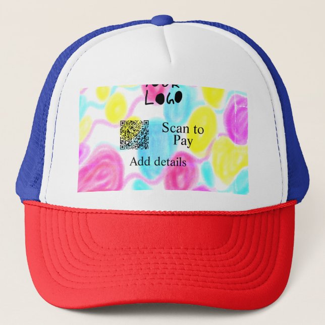 Scan to pay add Q R business logo rainbow watercol Trucker Hat (Front)