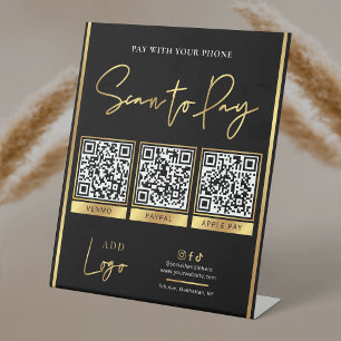 Scan to Pay Black & Gold Logo Payment 3 QR Codes Pedestal Sign