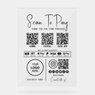 Scan To Pay Business Qr Code Payment Modern Black Acrylic Sign