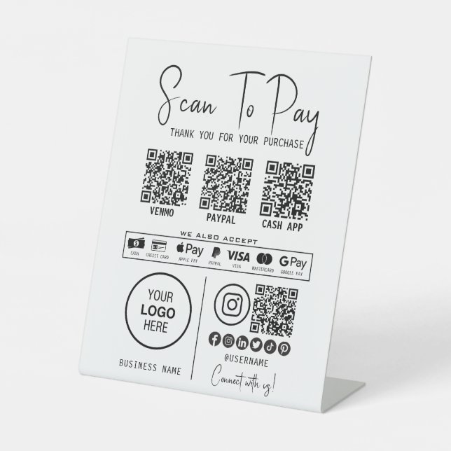 Scan To Pay Business Qr Code Payment Modern Black Pedestal Sign (Front)