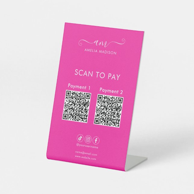 Scan To Pay Business Qr Code Vibrant Pink Pedestal Sign (Front)