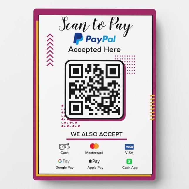 Scan to Pay Business Sign | Paypal QR Code Payment Plaque (Front)