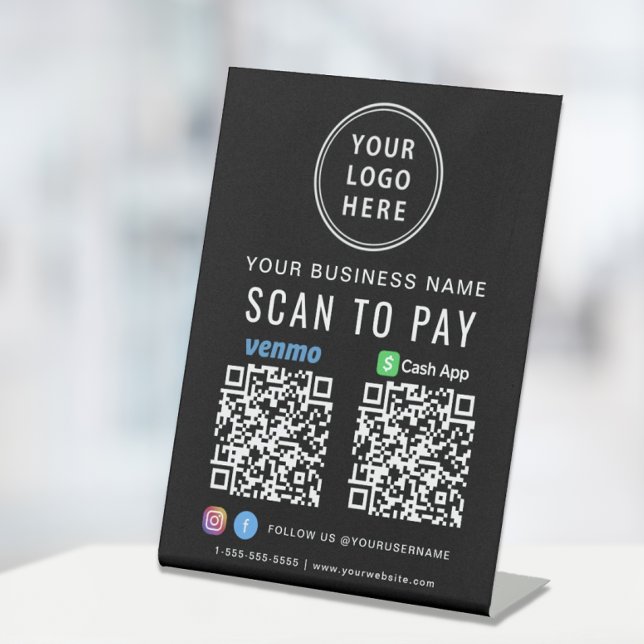 Scan to Pay Logo CashApp Venmo QR Codes Black Pedestal Sign (A QR code sign to effortlessly connect your customers to your payment platforms)
