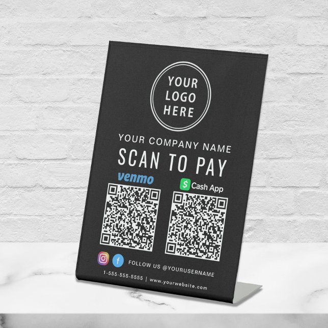 Scan to Pay Logo CashApp Venmo QR Codes Black Pedestal Sign (Our versatile QR Code sign enables you to receive payments anytime, anywhere)