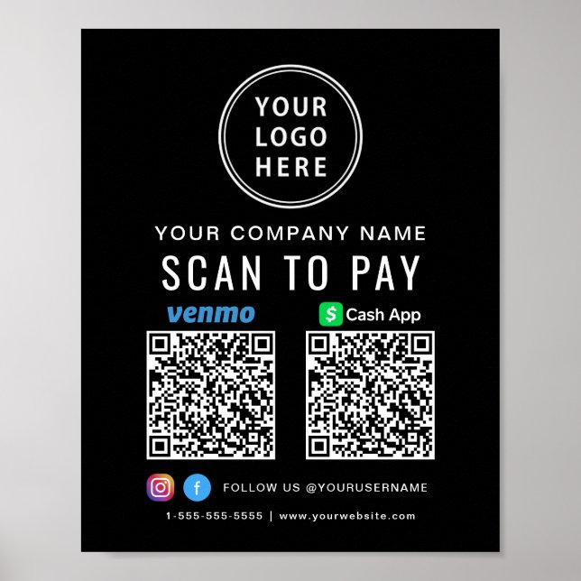 Scan to Pay Logo CashApp Venmo QR Codes Black Poster (Front)