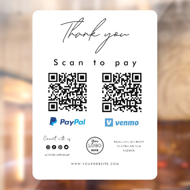 Scan to Pay Logo Paypal Venmo QR Code Thank you Window Cling (Sheet 2)