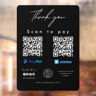 Scan to Pay Logo Paypal Venmo QR Code Thank you Window Cling