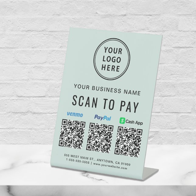 Scan to Pay Paypal Venmo CashApp QR Code Logo Mint Pedestal Sign (A QR code sign to effortlessly connect your customers to your payment platforms)