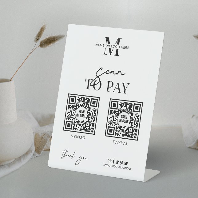 Scan to Pay QR Codes Minimalist Black & White Logo Pedestal Sign (Make a stylish Scan to Pay QR code sign for your business with this simplistic black & white design)