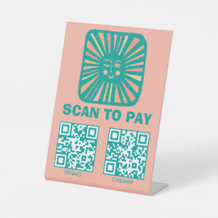 SCAN TO PAY QR Glowing Sun Cute Charming Pink Teal Pedestal Sign