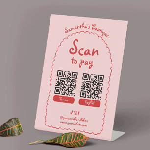 Scan To Pay Retro Pink Red Girly 2 QR Code Payment Pedestal Sign