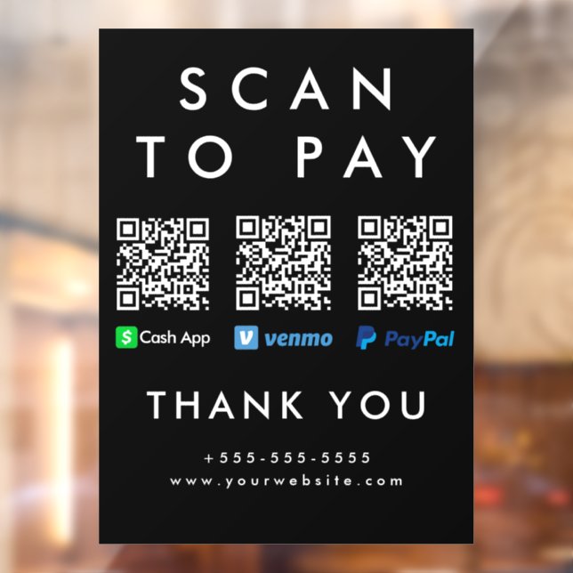 Scan to Pay Venmo Cash App Paypal Multi QR Code Window Cling (Sheet 2)