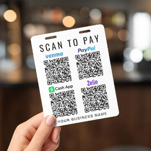 Scan to Pay Venmo PayPal CashApp Zelle QR Codes ID Badge