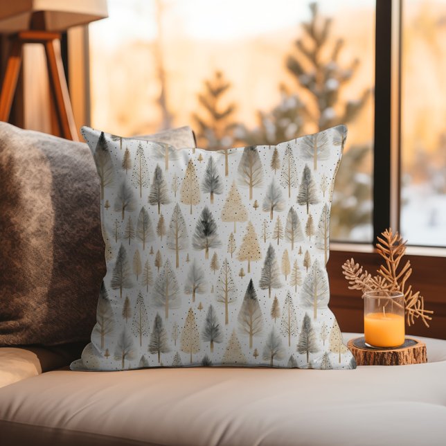 Scandi Beige Nordic Folk Art Pattern Xmas Trees Cushion (Norwegian Nordic Folk Art Pattern Watercolor Trees Throw Pillow - Neutral Beige Tan Scandi Minimal)
