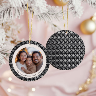 Scandi Black and White Snowflake Photo Ceramic Tree Decoration