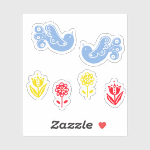 Scandi Blue Bird Red Yellow Flowers