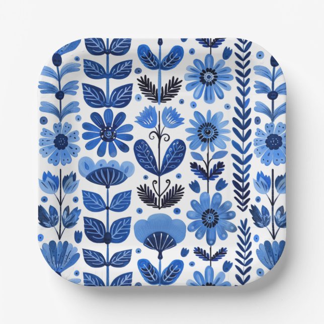 Scandi blue floral paper plate (Front)