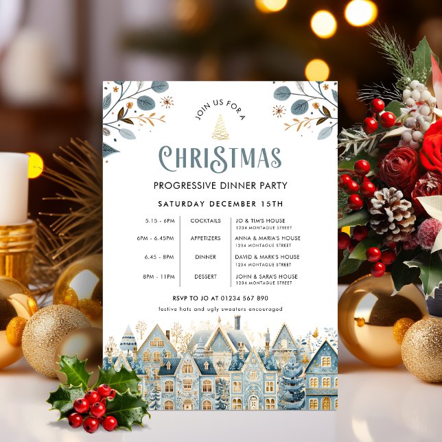 Scandi Blue Progressive Christmas Dinner Party Invitation (Progressive Dinner Invitation )