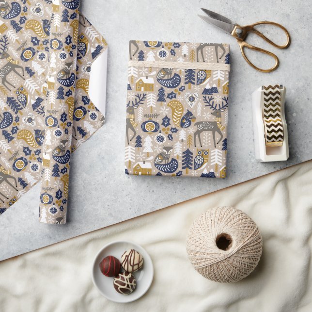 Scandi Christmas Cute Woodland Animals Taupe Wrapping Paper (Crafts)