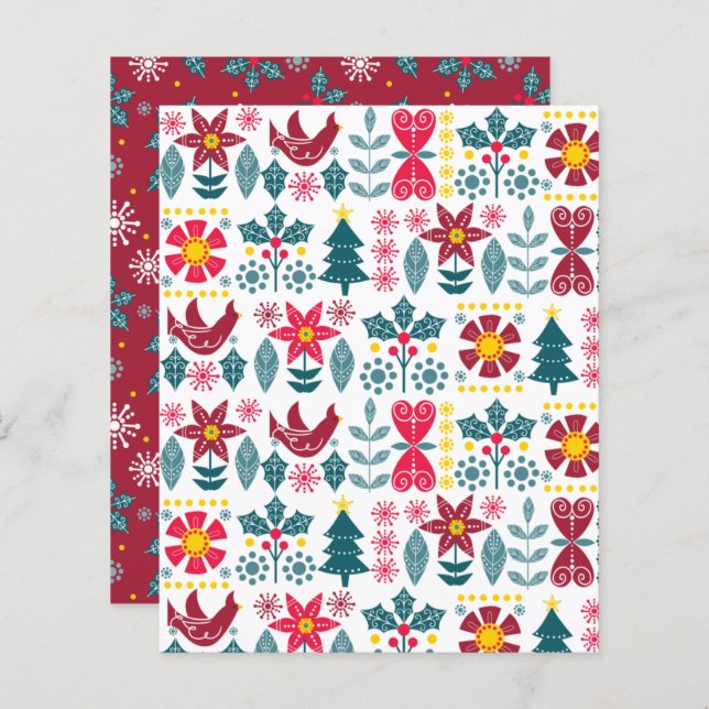 Scandi Christmas Scrapbook paper, snowflakes holly (Front/Back)