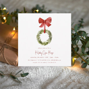 Scandi Christmas Wreath Red Bow Holiday Open House Card