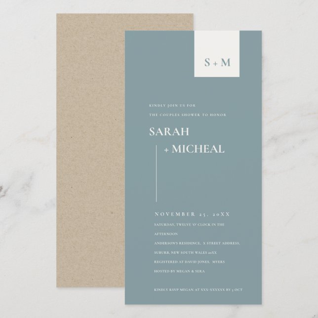 SCANDI DUSKY BLUE MONOGRAM COUPLES SHOWER INVITE (Front/Back)