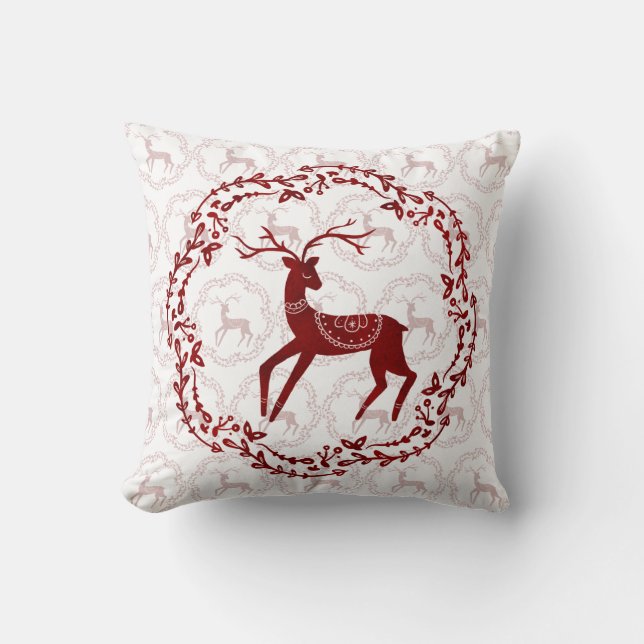 Scandi Folk Art Christmas Style Deer & Birds Cushion (Front)