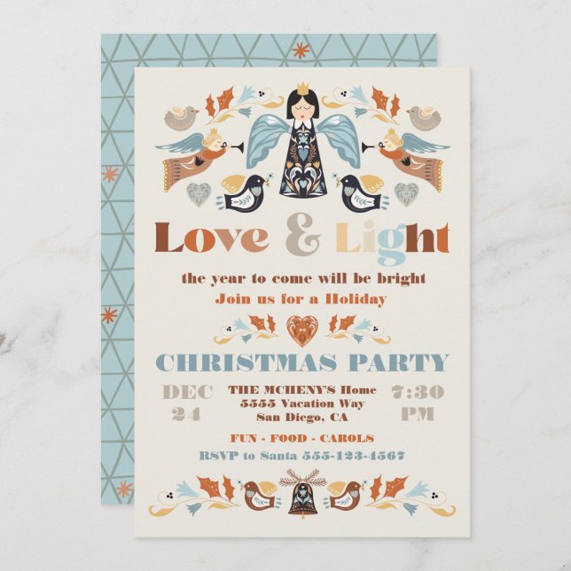Scandi Folk art Love and Light Christmas Party Invitation (Front/Back)