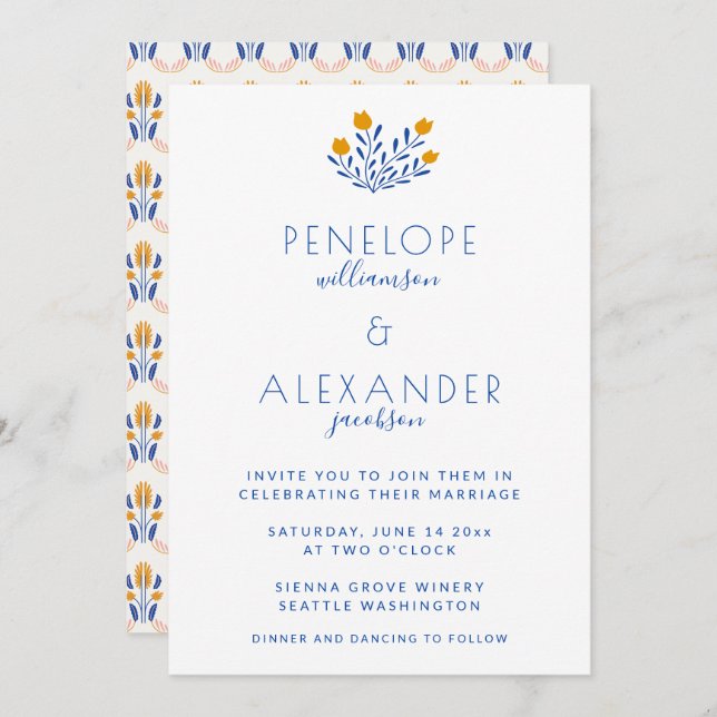 Scandi Folk Floral in Blue and Yellow Wedding  Invitation (Front/Back)
