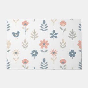 Scandi Folk Flowers Birds Pattern Doormat