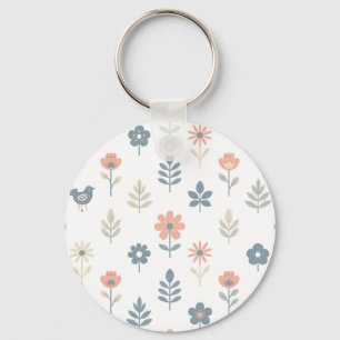 Scandi Folk Flowers Birds Pattern Key Ring
