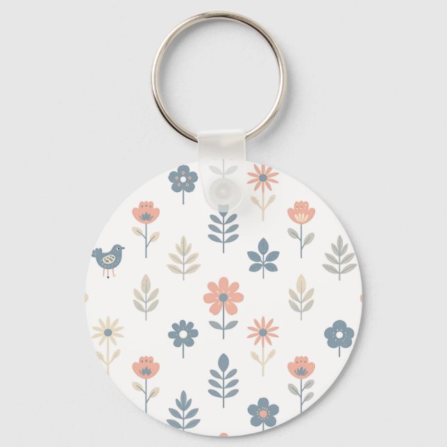Scandi Folk Flowers Birds Pattern Key Ring (Front)