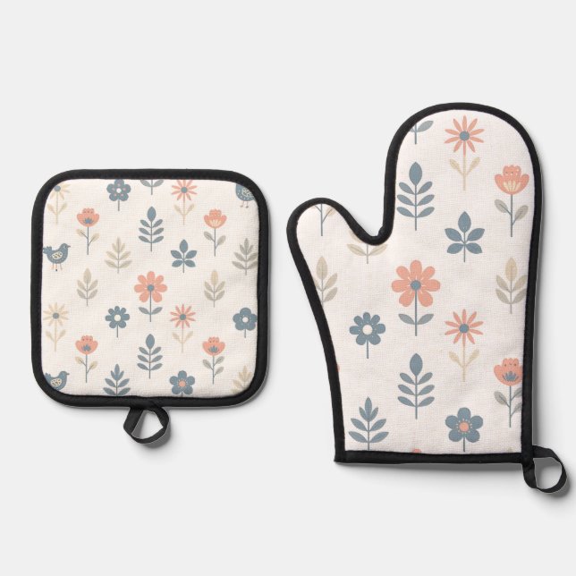 Scandi Folk Flowers Birds Pattern Oven Mitt & Pot Holder Set (Front)